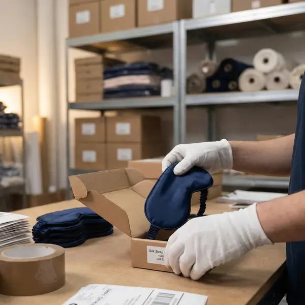 Fulfillment staff carefully packing silk sleep masks in an organized space
