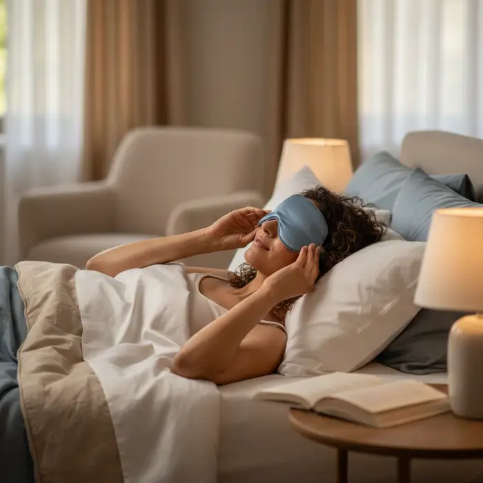 Satisfied customer wearing a contoured eye mask with a relaxed expression
