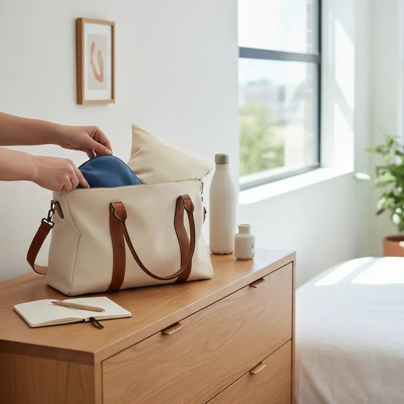 Traveler packing a silk pillowcase and eye mask into a carry bag in a tidy bedroom