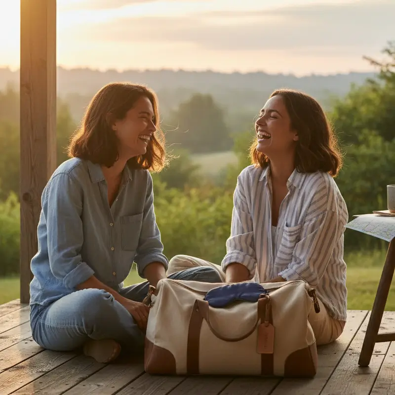 Friends enjoying morning outdoors with travel bag and a silk eye mask visible