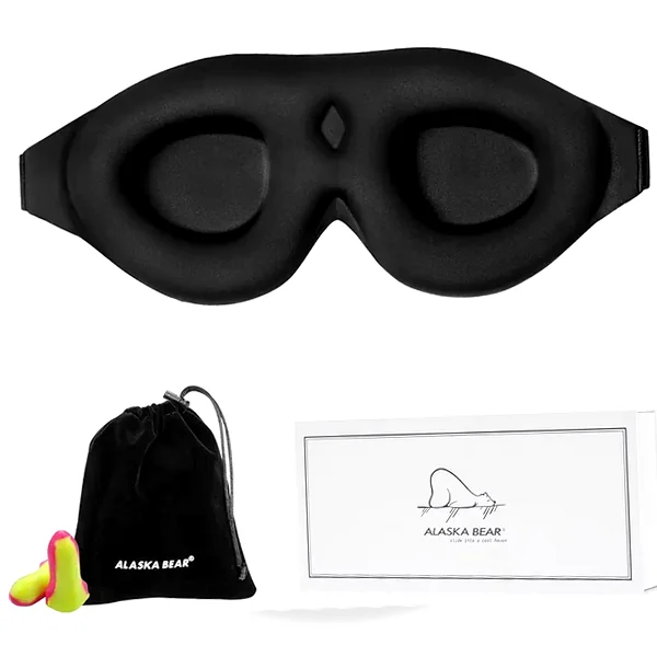 Memory foam contoured blackout mask with earplugs for eyelash protection